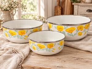 Vintage Yellow Poppy Floral Enamelware Nesting Mixing Bowls Set of 3